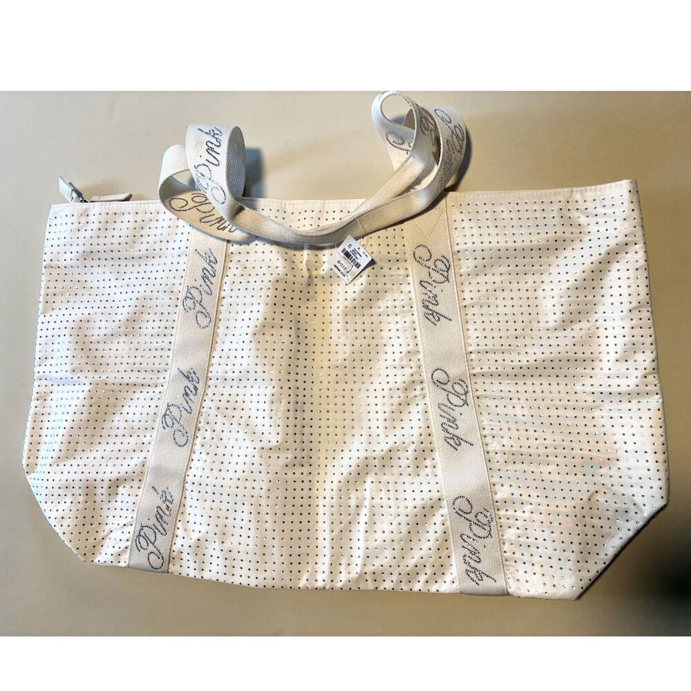 NWT Victoria's Secret Pink White Rhinestone Sparkle Tote Bag